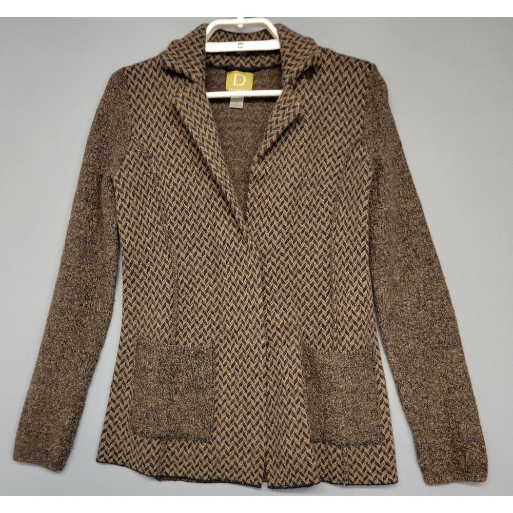 Damask Cardigan Sweater Womens XS Soft Wool Blend Knit Brown Jacquard Buttons